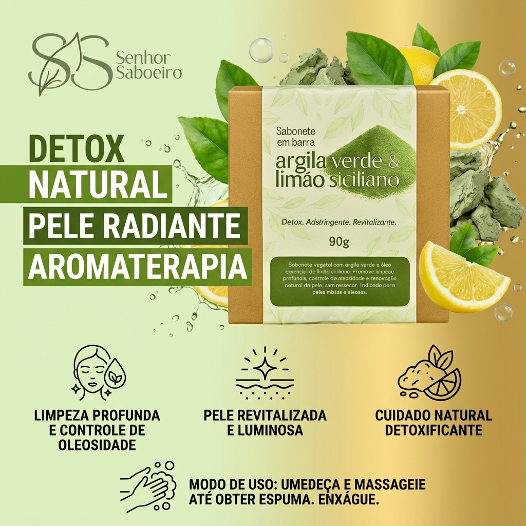 Sabonete Detox Impurezas Oleosidade com Óleo Essencial -  Skin Care 90g Argila Verde
