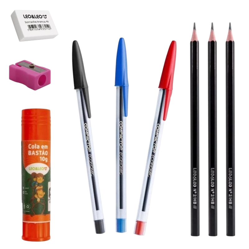 Kit Escola Leo&Leo - 3 Lápis Escrever+1 Apontador+1 Cola Bastão+1 Borracha+3Canetas Material Escolar