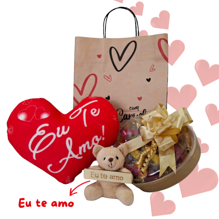 Cesta/Kit Presente Natal/Aniversário/Namorado/Amiga - Chocolates Almofada Urso Pelúcia Coração