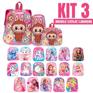 Kit 3 pçs Mochila Infantil Com Lancheira e Estojo Desenho 3D Alta qualidade