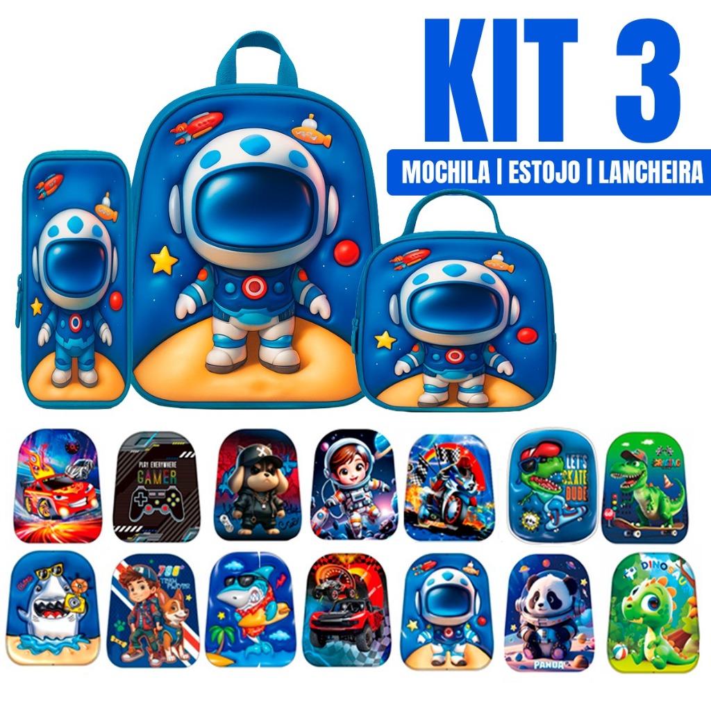 Kit Mochila Infantil 3 Peças Lancheira + Estojo Desenho 3D Escolar e Reforçada em Oferta na Shopee