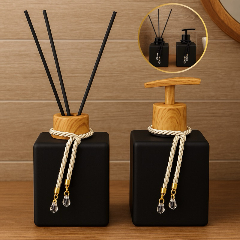 Kit Vidros Cubo Preto Fosco Moderno Aromatizador de Ambiente e Saboneteira em Oferta na Shopee