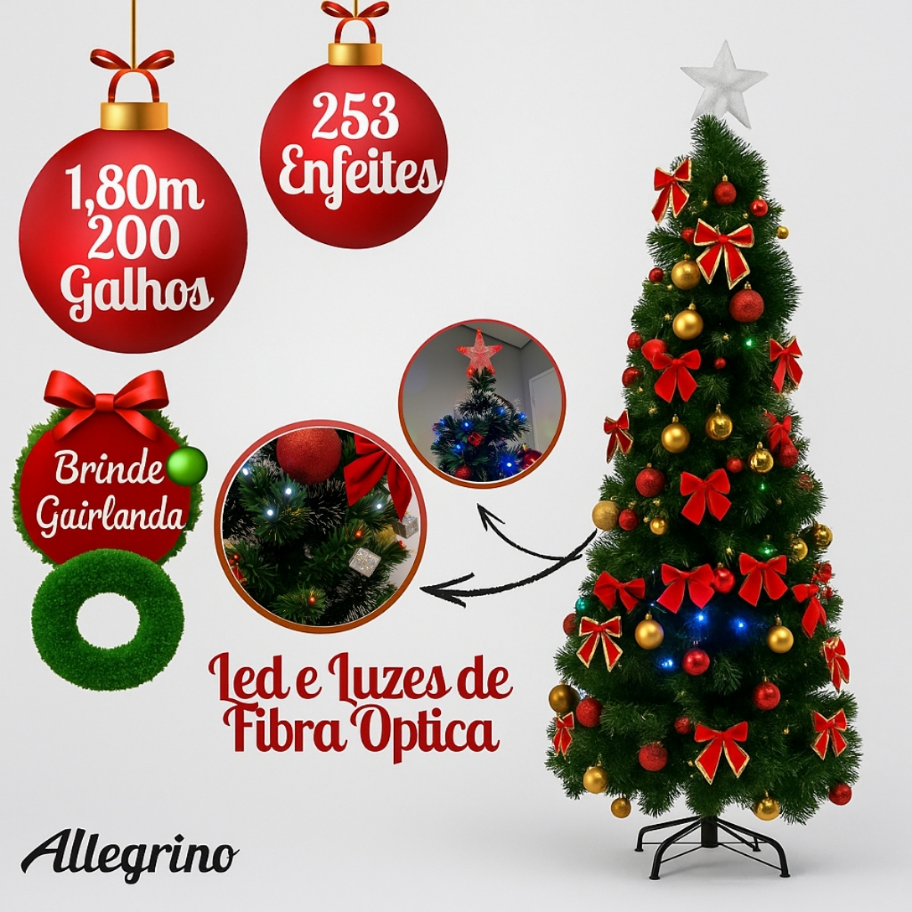 Arvore de Natal Grande Com Led Fibra Ótica Completo Enfeites Premium 1,80m Base de Ferro Luxo