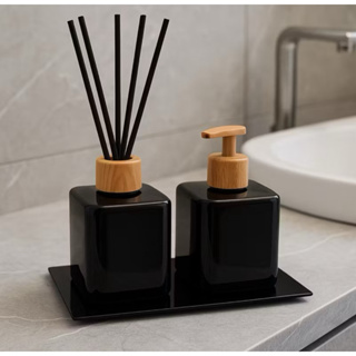 Kit Lavabo Pet Frasco Preto Quadrado Com Bandeja Luxo e Vareta Difusora em Oferta na Shopee