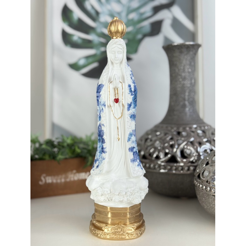 nossa senhora de Fátima 30cm flor azul coração vermelho decorada detalhes dourado gesso em Oferta na Shopee