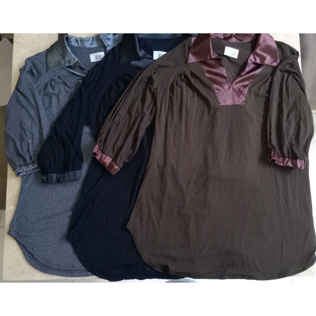 Blusão Blusa Feminina Moda Grande 48 ou 50 Manga 3/4 Gola e Punho Cetim Cores Preto Cinza ou Marrom