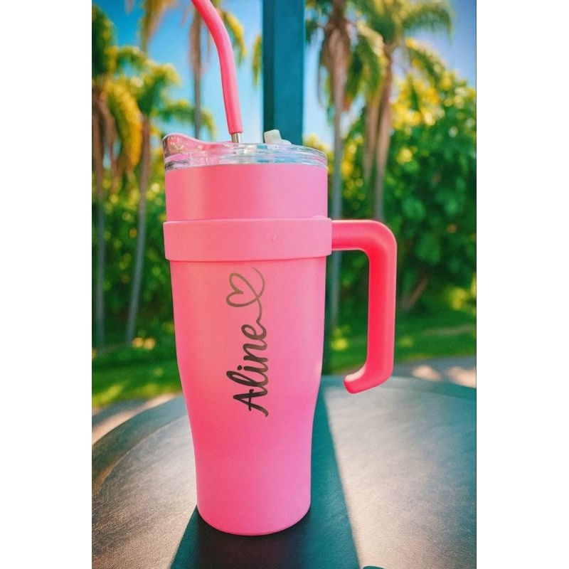 Imagem Copo Térmico 1200ml Personalizado a Laser Blogueira Logo Signo Profissão Time com nome Alça e Canudo