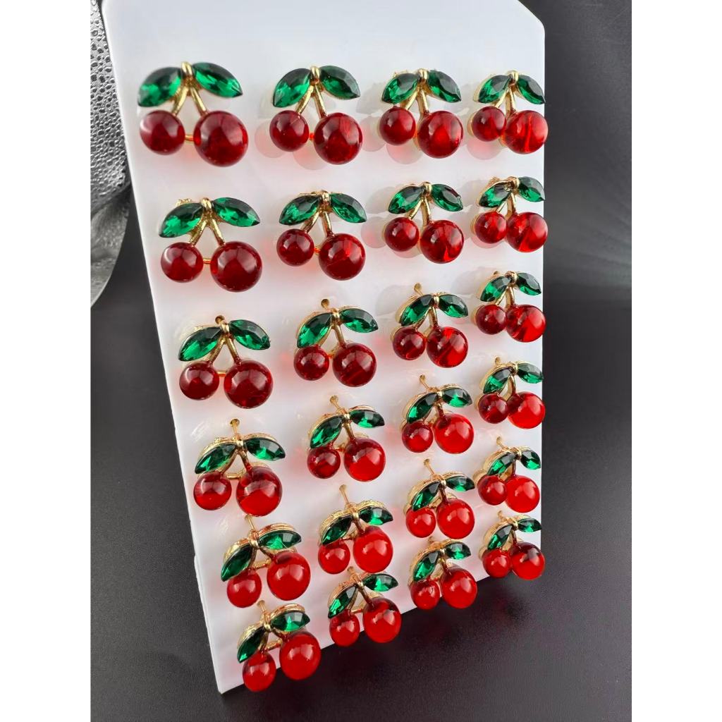 TB.Shop 24 peças Brincos Diamond Red Cherry Da Coreia Do Sul Design Simples E Versátil Para Mulheres