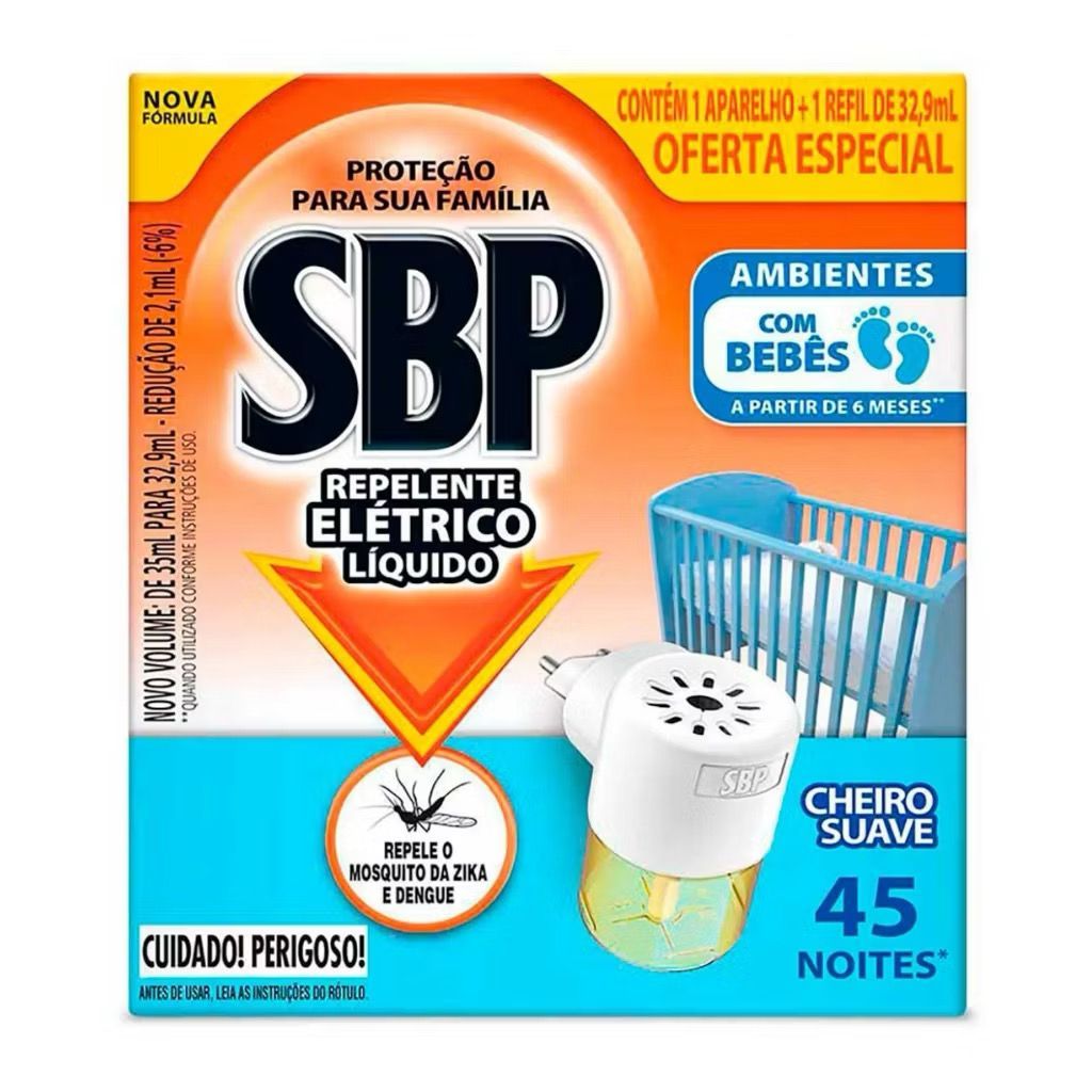 SBP 45 Noites Cheiro Suave Aparelho + Refil Repelente Elétrico Líquido