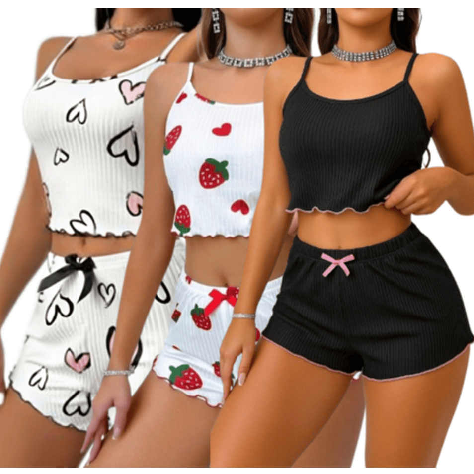 Kit 3 Baby Dolls Femininos – Pijama Canelado com Estampa de Morango, Preto Liso e Coração, Fresco e Confortável