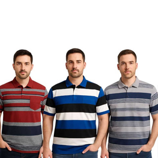 Kit 3 Camisa  Masculina  Gola Polo ( Com Bolso e Sem Bolso )  Listrada Algodão Verão Moda Casual em Oferta na Shopee