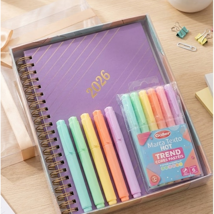 KIT Nova Agenda 2026 + 6 Marca-Texto Tom Pastel agenda 2026 decorada Volta as aulas Escola...