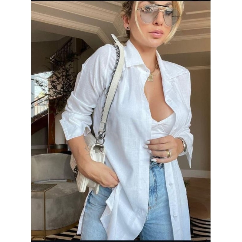 Camisa Chamise Social Feminina Chique Abotoar Manga Longa em Oferta na Shopee