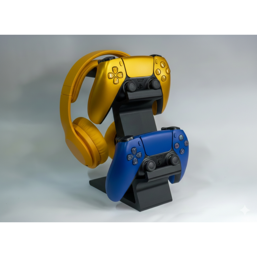 Suporte Duplo para Controles PS5/PS4 e Headset Gamer - Organizador Premium