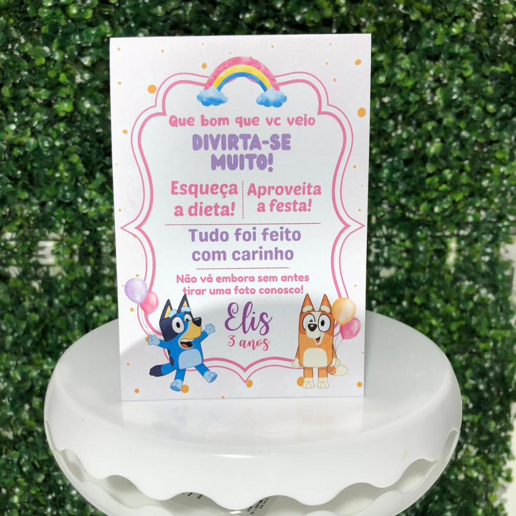 PLAQUINHA DE MESA ANIVERSARIO - BLUEY ROSA MENINA  - PLAQUINHA AGRADECIMENTO - CENTRO DE MESA - DECORAÇÃO - FESTA