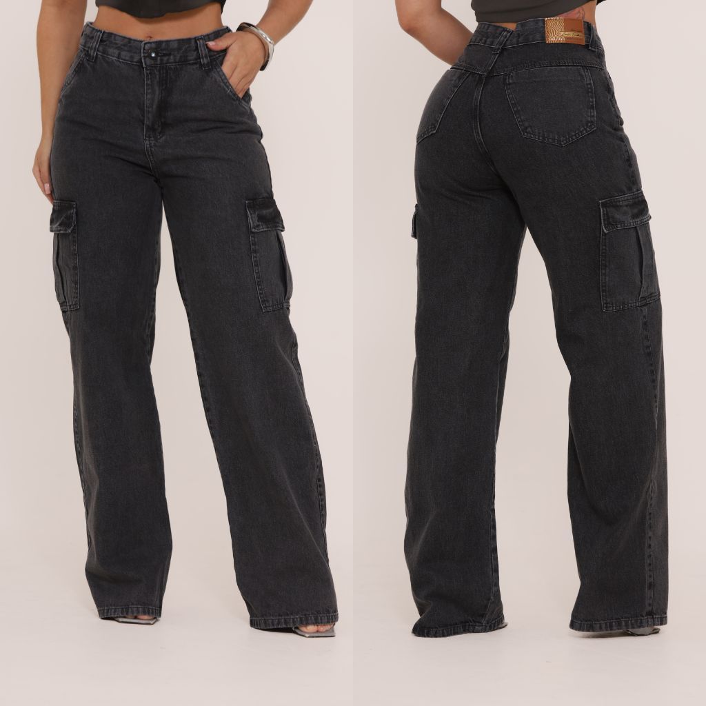 Calça Jeans Feminina Wide Leg Cargo Cintura Alta Bolsos Tecido Grosso Premium Conforto Pantalona