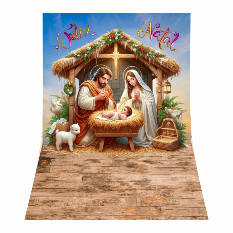 Fundo Fotográfico Pet Shop Lona Natal Cristão sagrada família Jesus Maria josé Presépio bichinhos mangedoura ffp_260