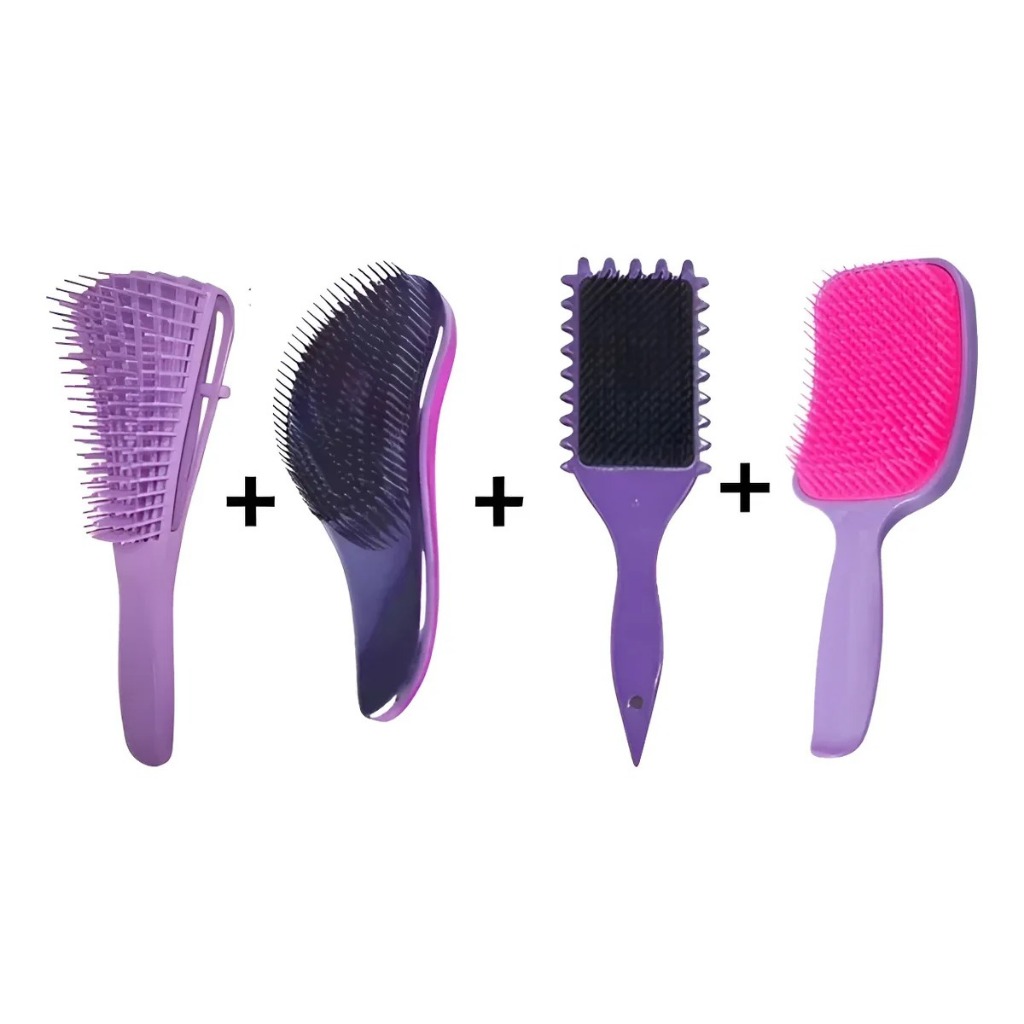KIT COM 4 ESCOVAS – COMPLETO PARA SEU CABELO KIT PREMIUM 4 EM 1 – POLVO, ONDAS, RAQUETE E MÁGICA