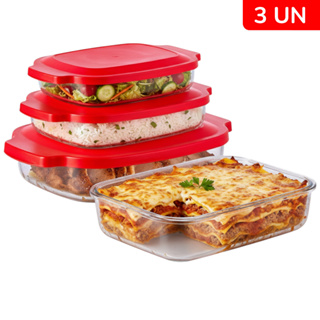 Kit 3 Travessas De Vidro Retangular Grande C/ Tampa A Vácuo 2000-2700-3800ML Frezer forno Assadeira em Oferta na Shopee