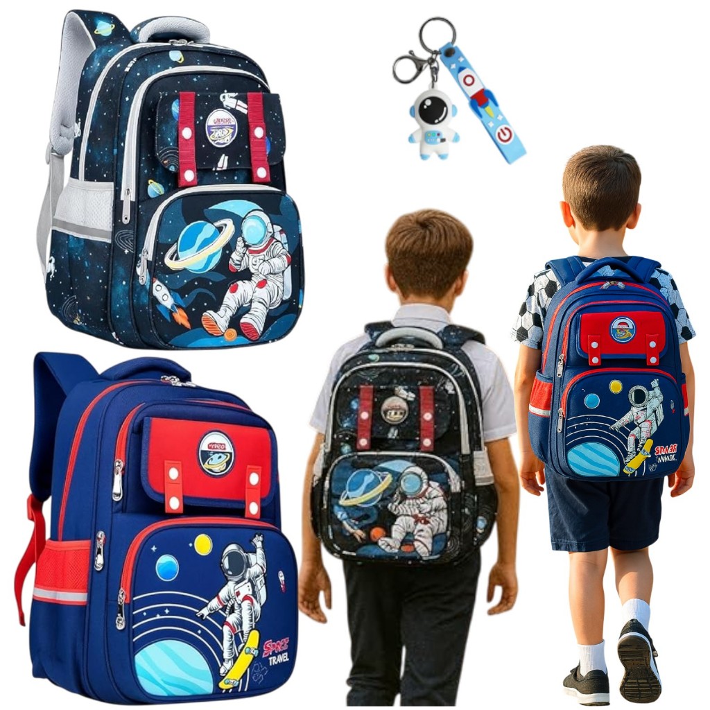 Mochila Infantil Escolar Astronauta Ortopédica Menino Menina Cor Azul, Verde, Preta + CHAVEIRO