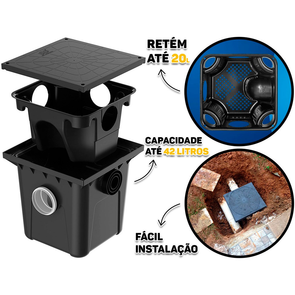 Caixa De Gordura Reforçada Com Cesto Coletor Limpeza E Tampa Até 42lt Herc Padrao Para Casas Preto em Oferta na Shopee