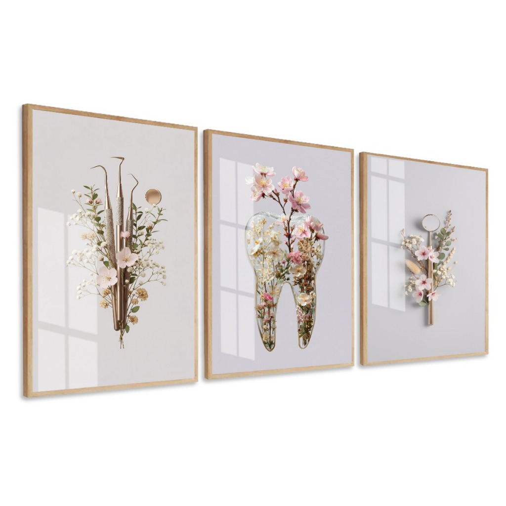Kit 3 Quadros - Flores Odontologia Consultório Moldura e Vidro Sala Corredor em Oferta na Shopee