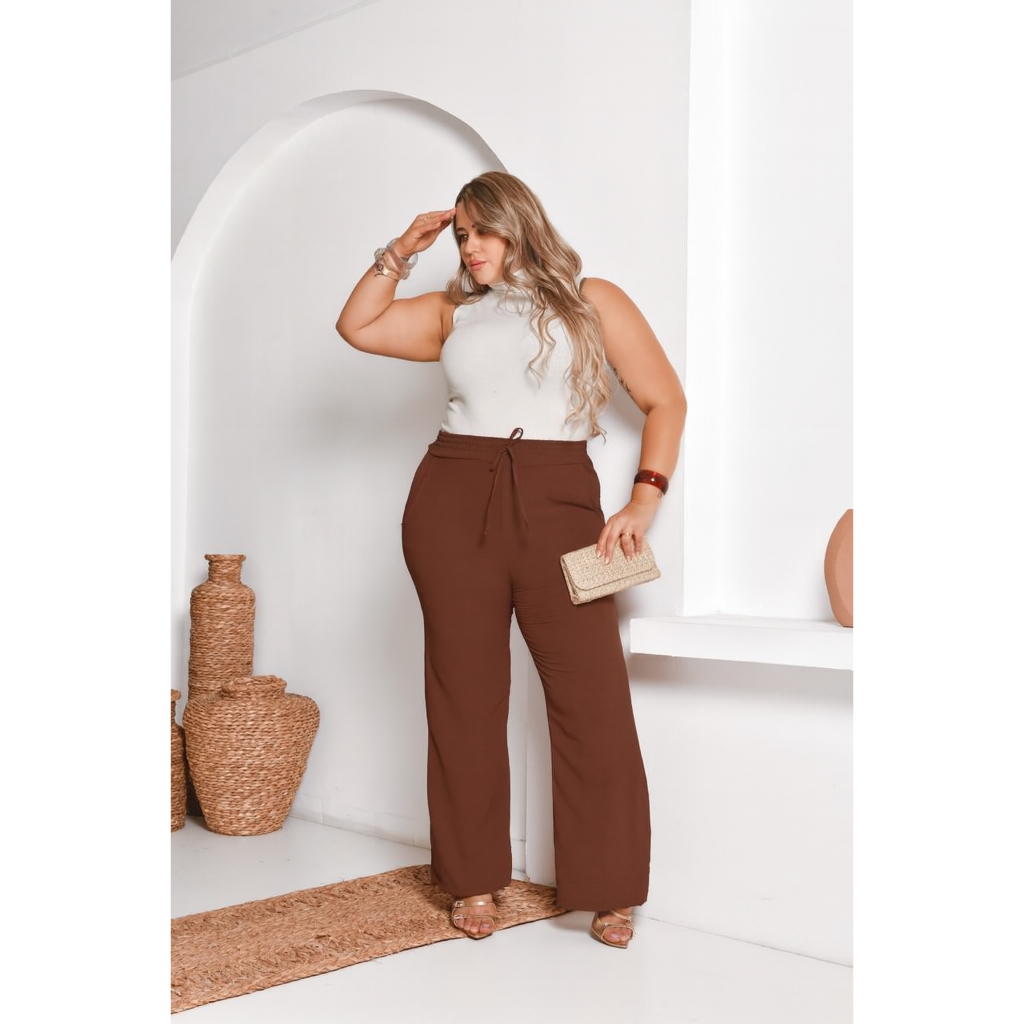 Calça Wide Leg Pantalona Plus Size Duna Alfaitaria Estilo Gringa Com Elástico Com Bolso Social — imagem 2 de 2