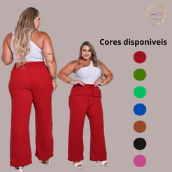 Calça Wide Leg Pantalona Plus Size Duna Alfaitaria Estilo Gringa Com Elástico Com Bolso Social
