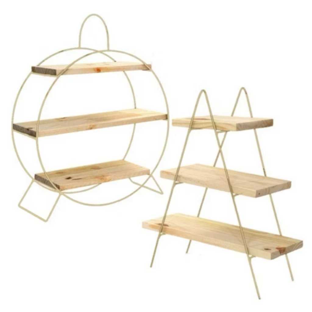Kit 2 Prateleiras Escadinha e Redonda Roda Gigante decorativa Suporte Doces ferro Madeira