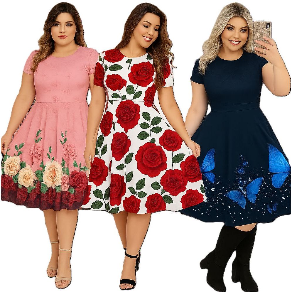 Vestido Plus Size Moda Evangélica Social Estampado Azul Rodado Evasê Floral Mais vendido na Promoção