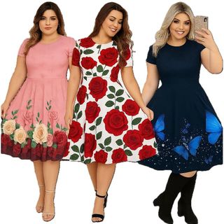 Vestido Plus Size Moda Evangélica Social Estampado Azul Rodado Evasê Floral Mais vendido na Promoção