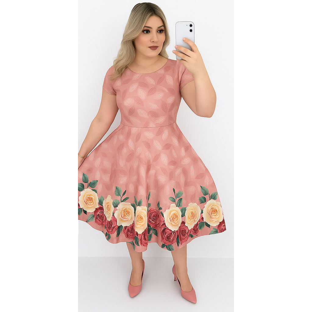 Vestido Plus Size Moda Evangélica Social Estampado Azul Rodado Evasê Floral Mais vendido na Promoção