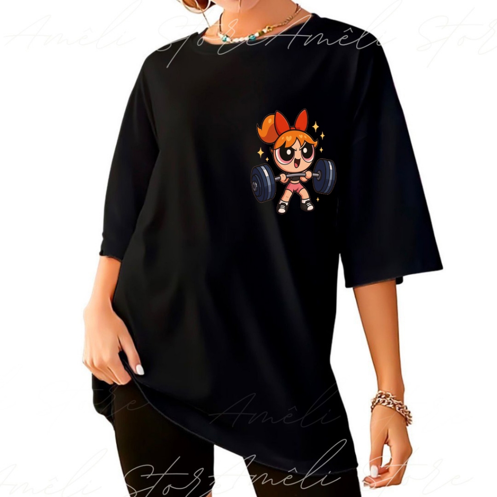 T-Shirt Oversized Preto • Estilo Garotas Super Poderosas • Visual Cartoon Moderno • Florzinha Fit