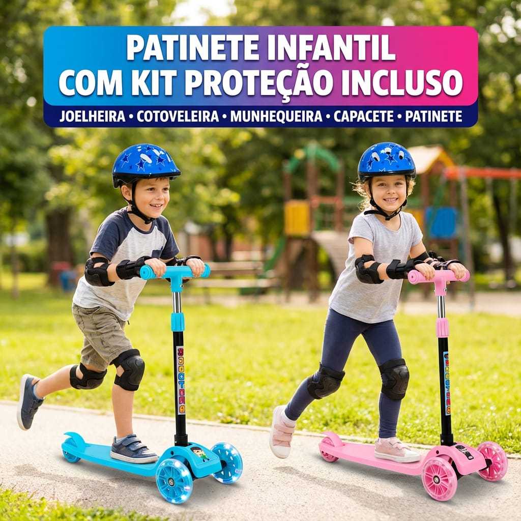 Patinete Infantil 3 Rodas c/Luz LED + Kit Proteção (Capacete, Joelheira, Cotoveleira, Munhequeira)