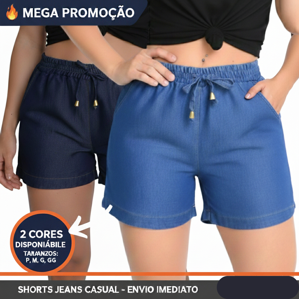 short feminino casual, bermudinha jeans soltinha, short com cós de elástico confortável