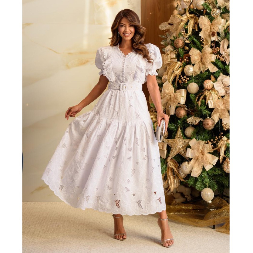 Vestido Midi Esther Babados Noiva Civil Branco Festa Renda Casamento Madrinha Natal Réveillon CN em Oferta na Shopee