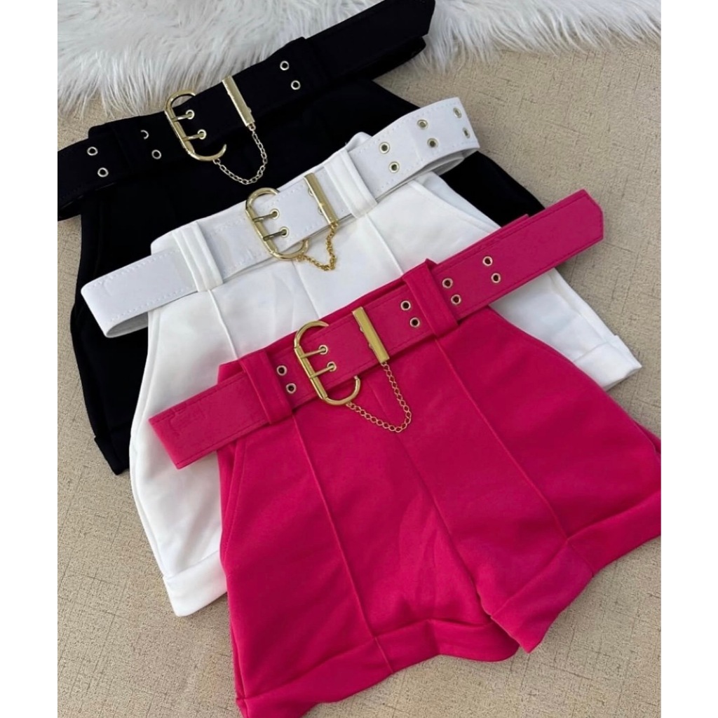 Short com Cinto Cintura Alta Bolso Funcional Neopreme Premium Moda Gringa Balada Tendencia Atual em Oferta na Shopee