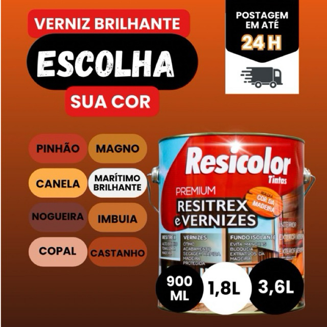 Verniz Brilhante Para Madeira Interno Secagem Rápida Lata Galão 900ml/1,8 Litros/3,6 Litros - Resicolor