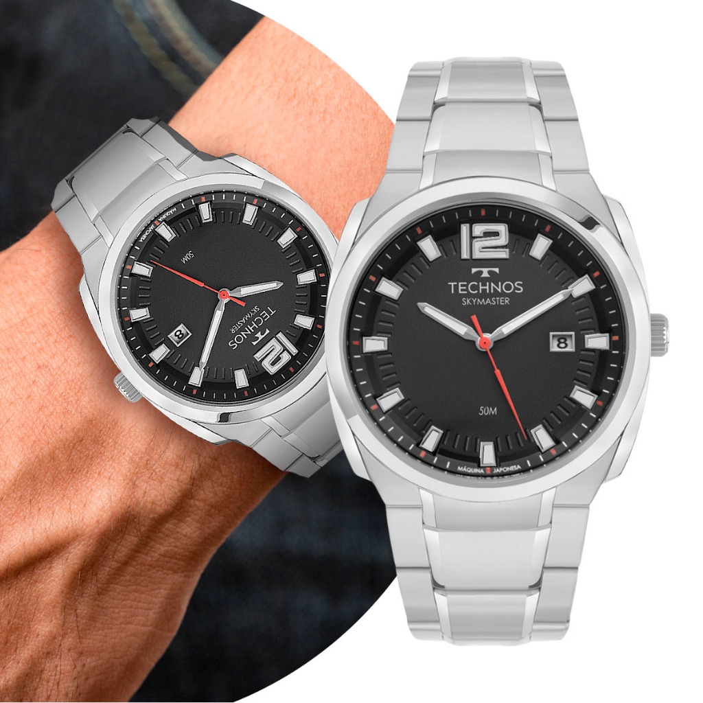 Relógio Masculino Prata e Preto com Caixa de Aço Inoxidável à Prova D' Água Luxo Elegante Casual Social Technos Originak