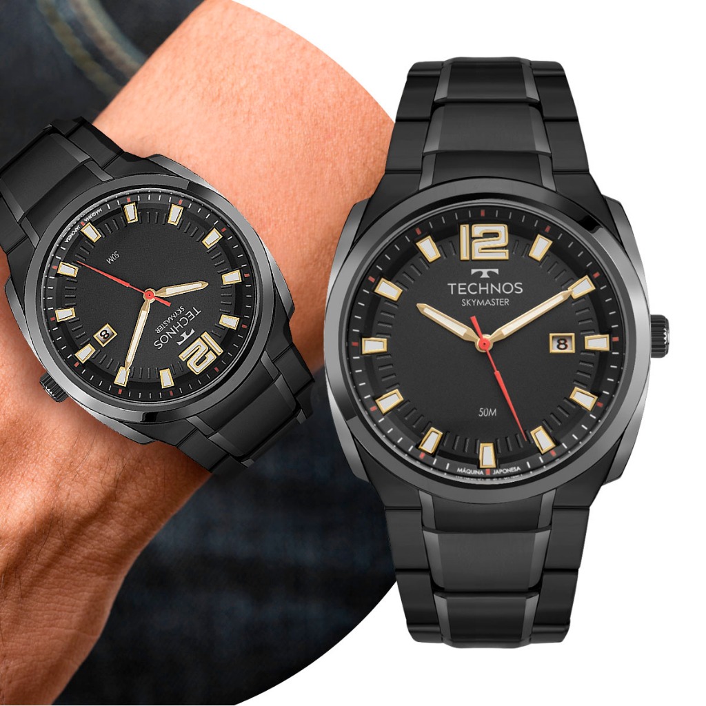 Relógio Masculino Preto Black com Caixa e Pulseira de Aço Inoxidável à Prova D' Água Luxo Casual em Aço Technos Original