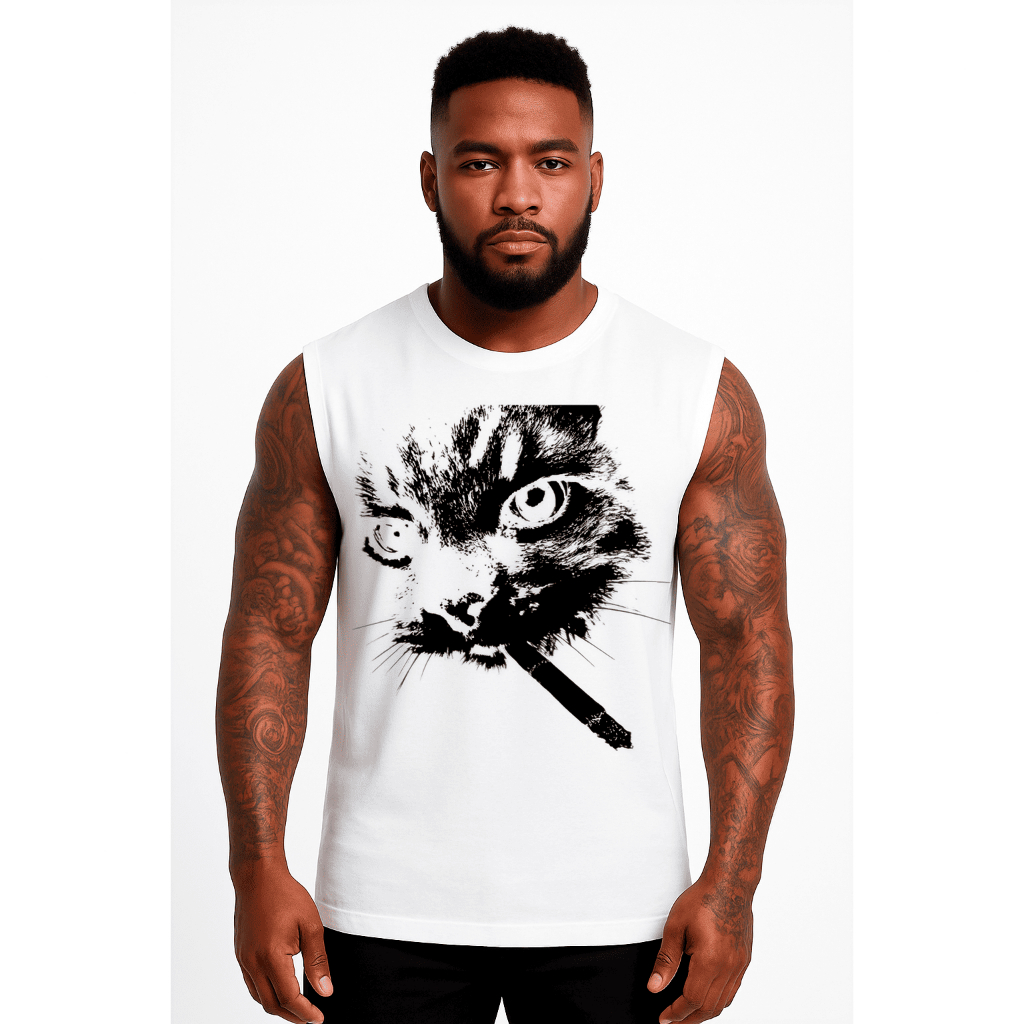 Camiseta Regata Machão Oversized Streetwear Gato Cat Fumando Y2K Estiloso EstampadoAcademia Praia