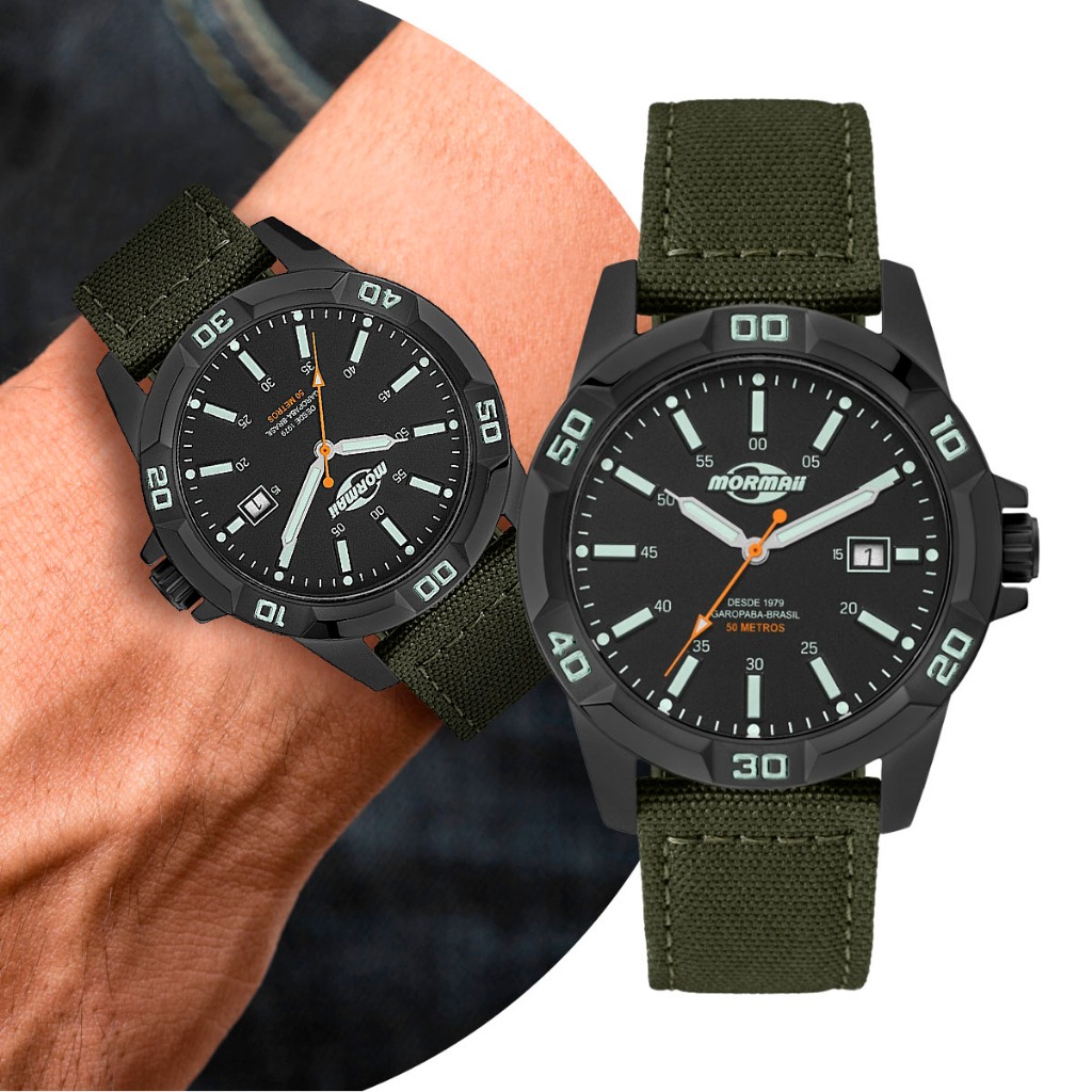 Relógio Masculino Verde e Preto com Caixa de Aço Inoxidável e Pulseira de Nylon Militar Tático Mormaii Original