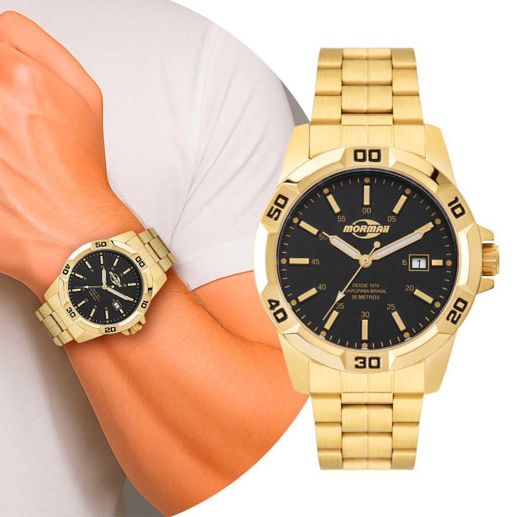 Relógio Masculino Dourado e Preto com Pulseira e Caixa de Aço Inoxidável Luxo Elegante Causual Social Mormaii Original