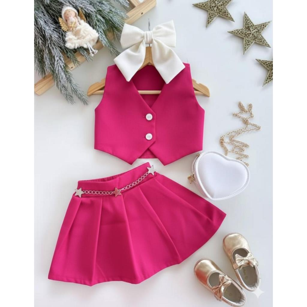 Conjunto Infantil Short Saia e Colete 02 Peças Para Meninas