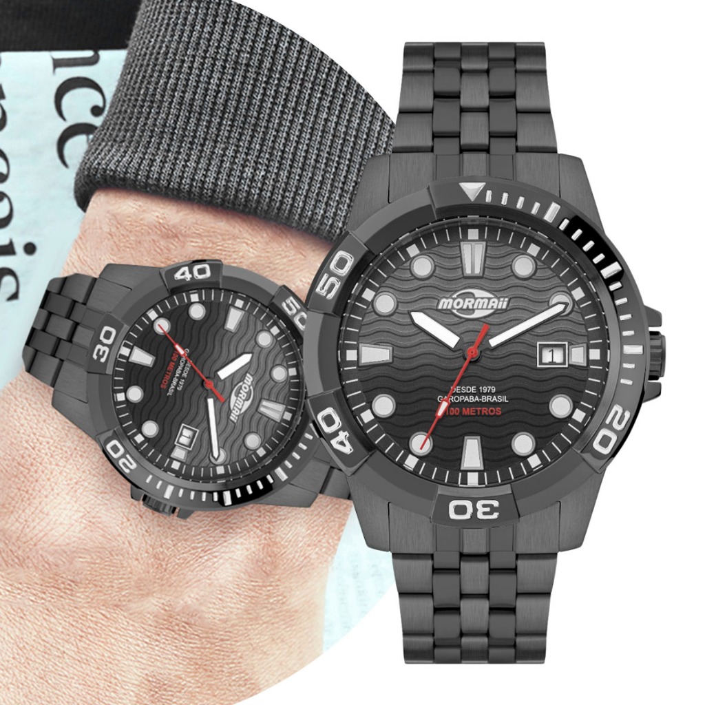 Relógio Masculino com Caixa e Pulseira de Aço Inoxidável à Prova D' Água Grafite Luxo Elegante Mormaii Original