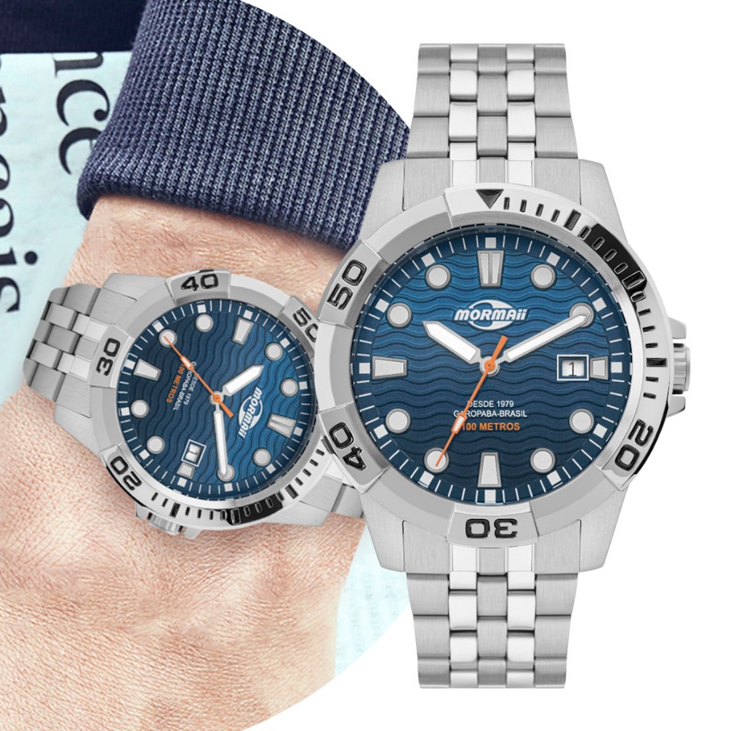 Relógio Masculino com Pulseira e Caixa de Aço Inoxidável à Prova D' Água Prata e Azul Mormaii Luxo Elegante Original