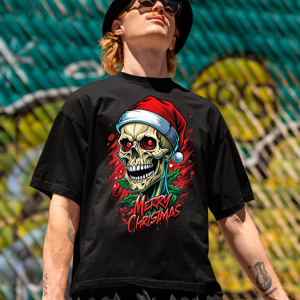 Camisa Camiseta Basica de natal merry christmas Skull Dark vintage em algodao Unissex retro