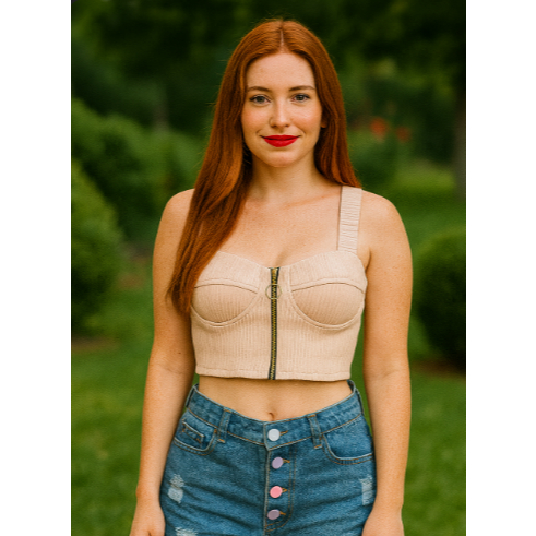 Cropped canelado modelo 3D, com zíper, bojo e alça