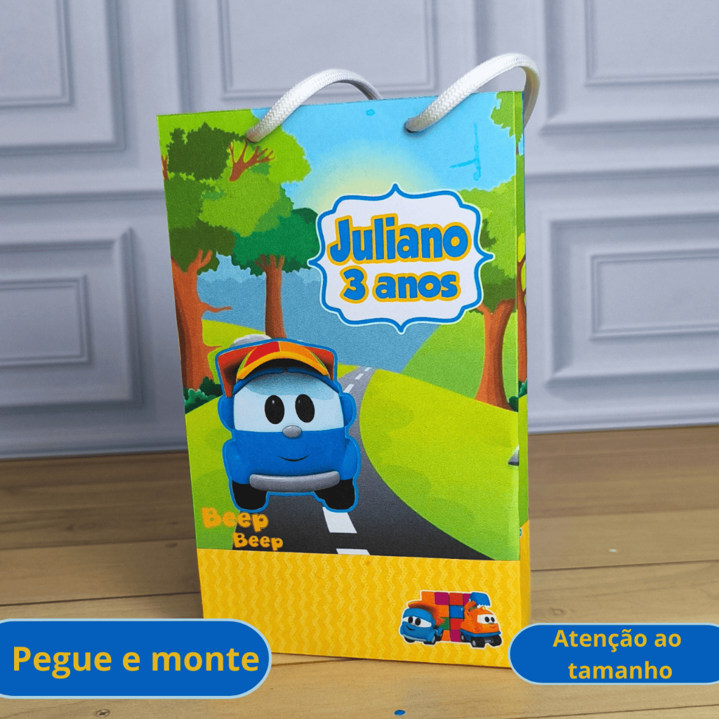 Mini Sacola Surpresa Léo o Caminhão -  Lembrancinha Personalizada - Festa Infantil - Pegue e Monte