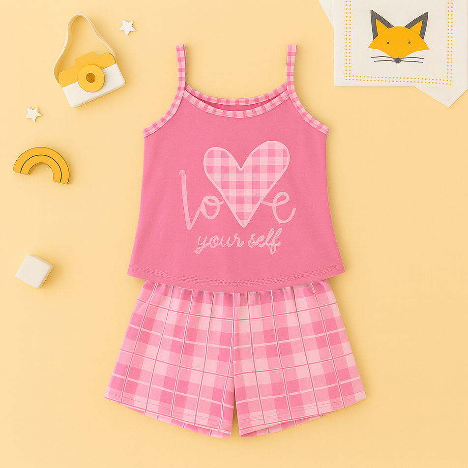 Baby Doll Love Rosa Malha Premium Pijama Feminino Adulto Short e Alça Fina Verao Confortavel